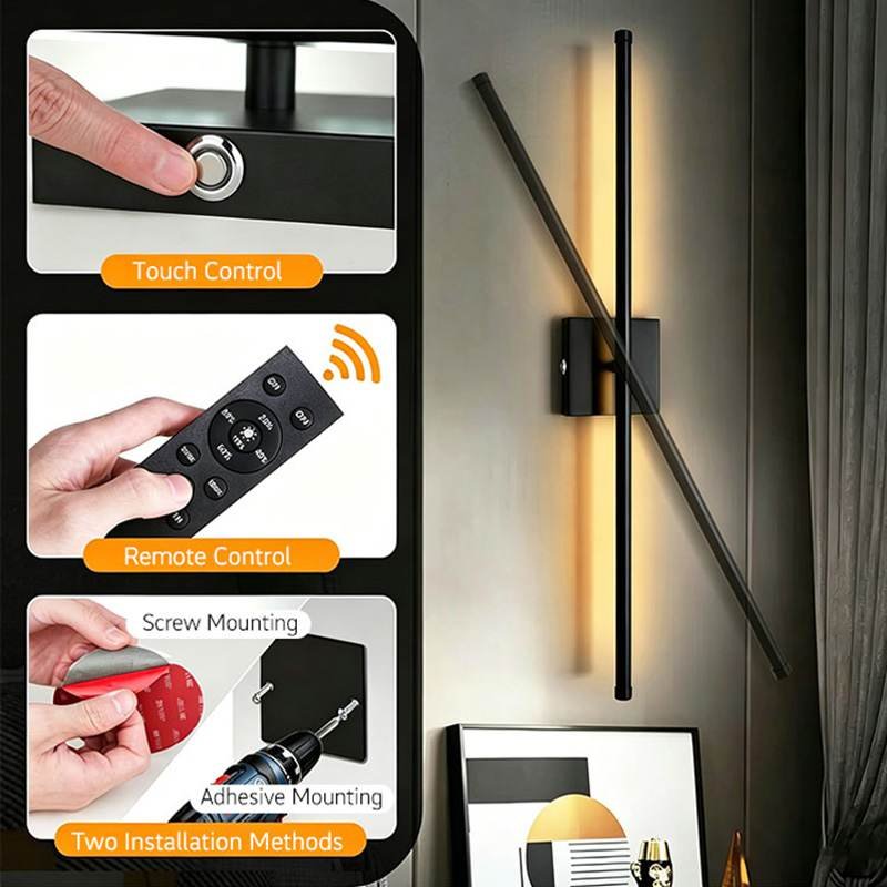 English Product Features 350° Full Rotation Design: 350° rotatable light bar, adjustable vertically, horizontally or diagonally for personalized light layout. Dual Touch & Remote Control: Physical touch switch on base; remote control supports CCT switching, brightness adjustment and timer function. 3 CCT & Multi-level Dimming: Switchable 3000K/4000K/6000K color temperature, brightness adjustable 20%-100% in levels. Two Installation Solutions: Screw hard mount + adhesive drill-free mount, fits walls, tiles and mirrors with no renovation damage. Bidirectional Grazing Soft Light: Double-sided up&down lighting, uniform anti-glare glow for comfortable ambient lighting. Durable Metal Structure: Anti-rust painted metal housing, scratch-resistant and colorfast for long service life. Wide Application: Perfect for bedroom, bathroom vanity, entryway, living room, hotel and homestay decoration lighting. Customization Available: Custom lamp size and shell color, OEM private labeling supported for bulk export orders.